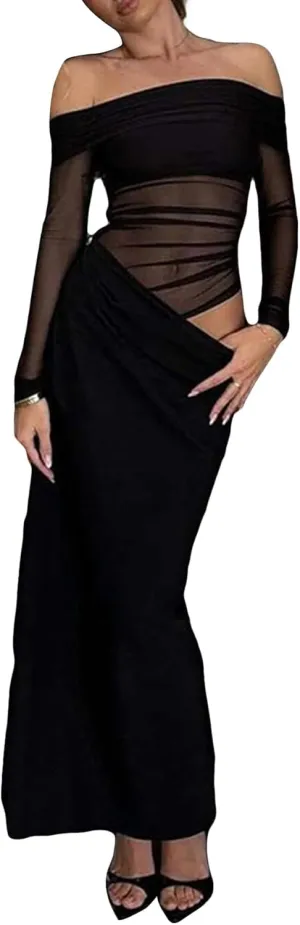 Unybwonn Women Sexy Off Shoulder Mesh Maxi Dress Long Sleeve Ruched Party Formal Stretch Elegant Party Club Long Dresses