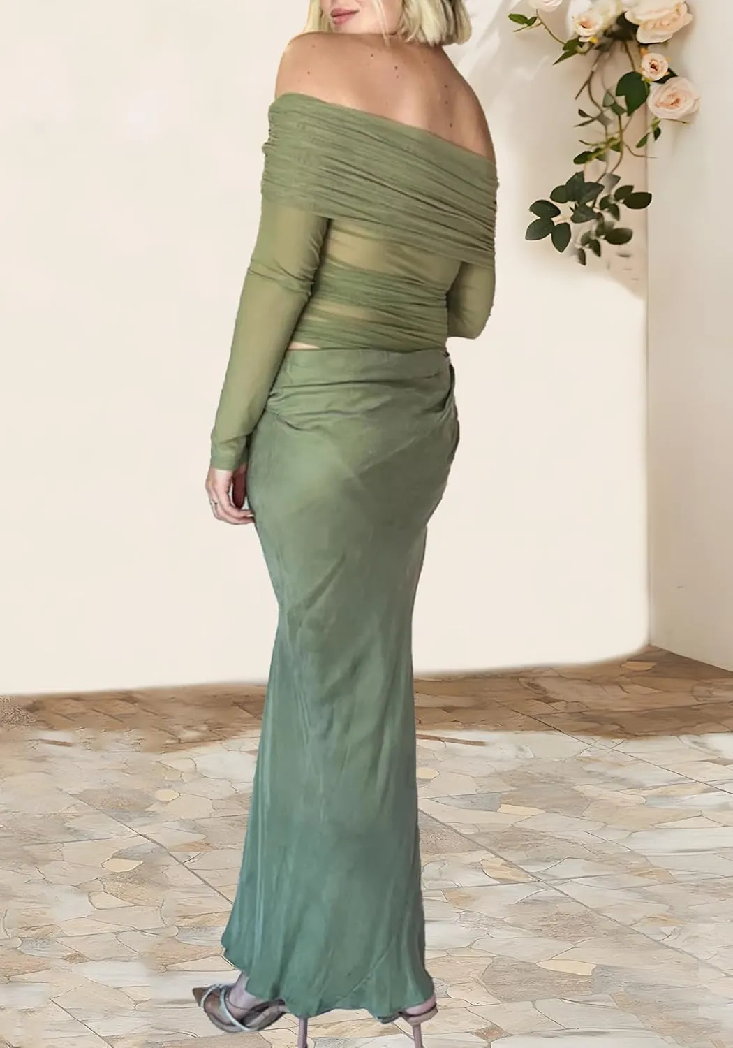 Unybwonn Women Sexy Off Shoulder Mesh Maxi Dress Long Sleeve Ruched Party Formal Stretch Elegant Party Club Long Dresses