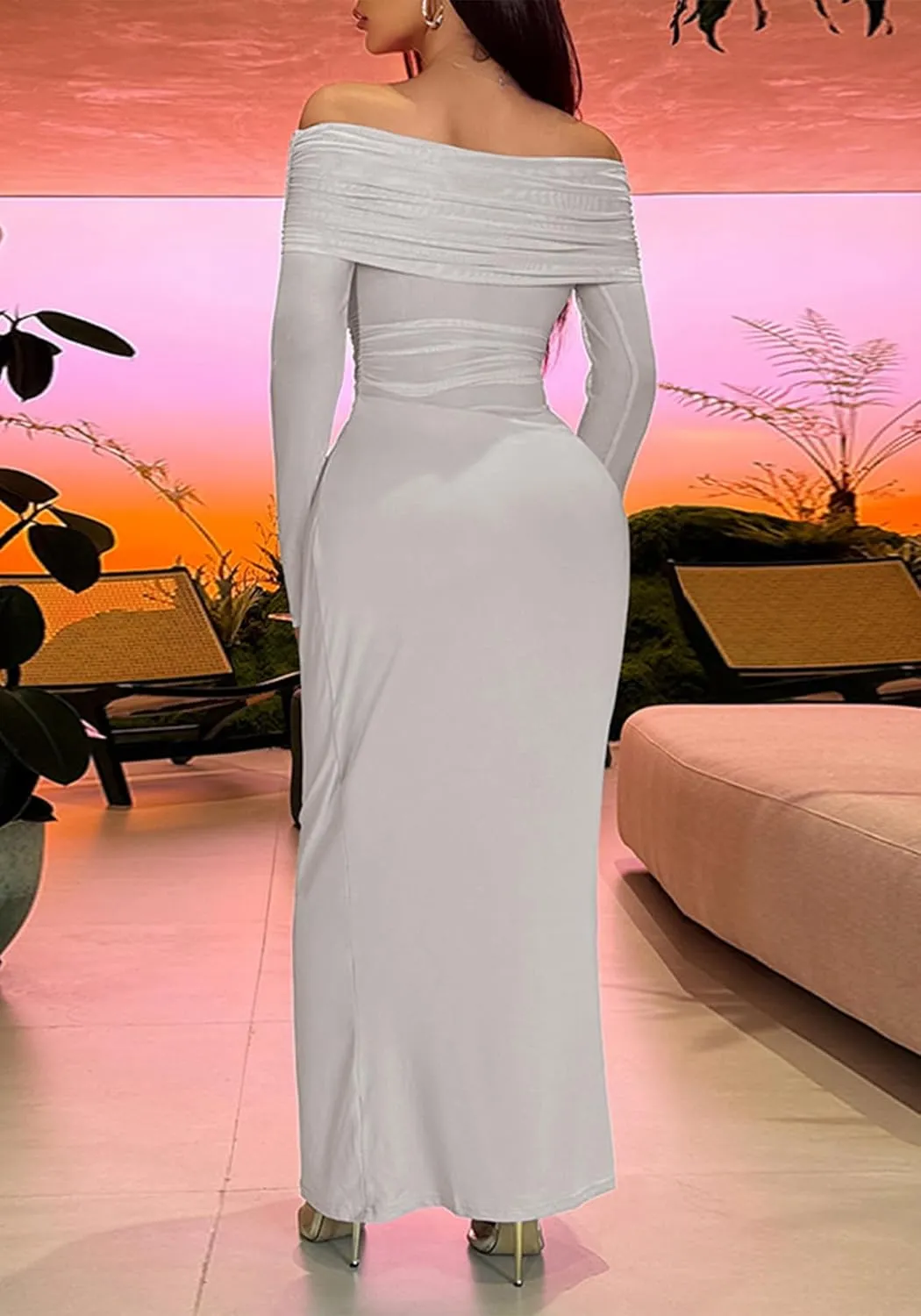 Unybwonn Women Sexy Off Shoulder Mesh Maxi Dress Long Sleeve Ruched Party Formal Stretch Elegant Party Club Long Dresses