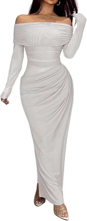 Unybwonn Women Sexy Off Shoulder Mesh Maxi Dress Long Sleeve Ruched Party Formal Stretch Elegant Party Club Long Dresses