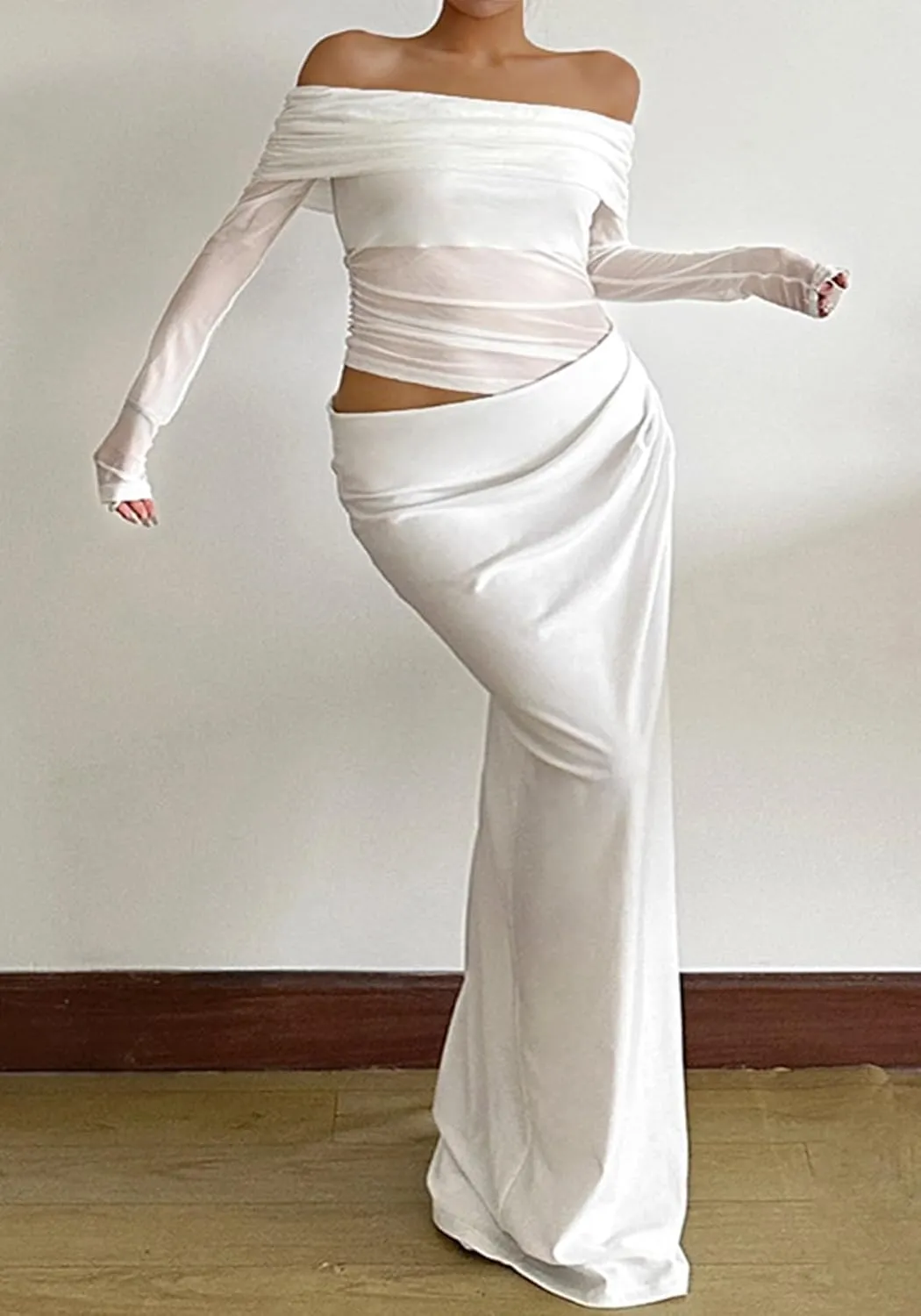 Unybwonn Women Sexy Off Shoulder Mesh Maxi Dress Long Sleeve Ruched Party Formal Stretch Elegant Party Club Long Dresses