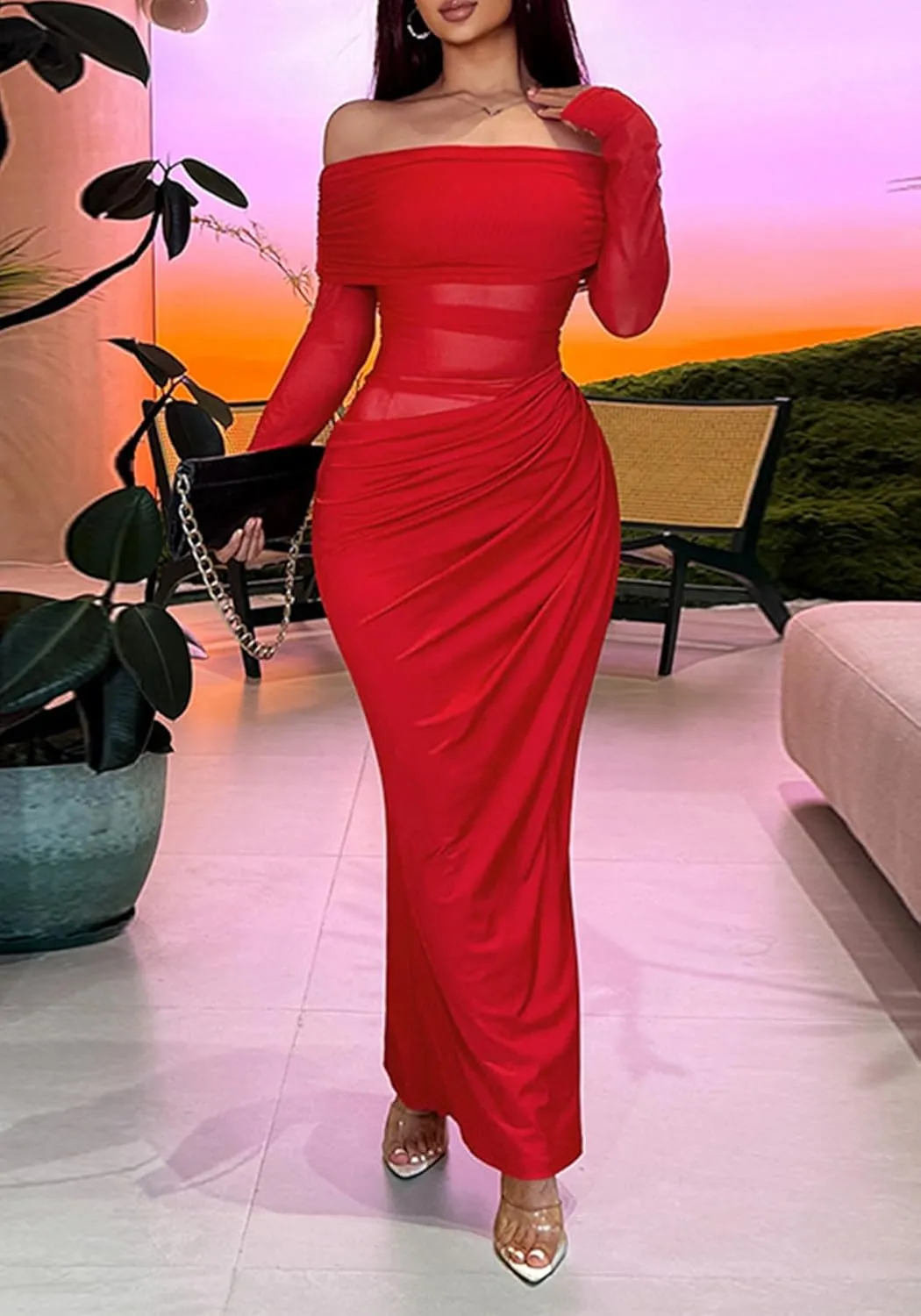 Unybwonn Women Sexy Off Shoulder Mesh Maxi Dress Long Sleeve Ruched Party Formal Stretch Elegant Party Club Long Dresses