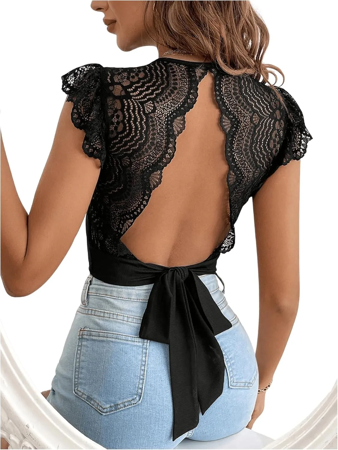 Verdusa Women's Lace Tie Back Crop Tops Backless Sleeveless Cropped Tops