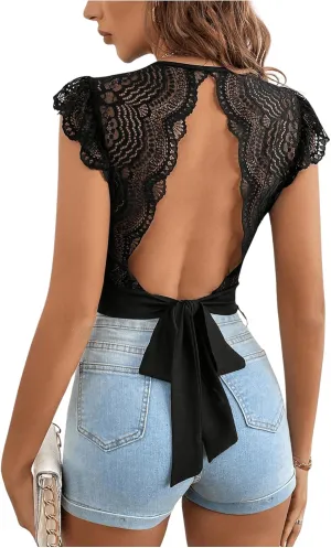 Verdusa Women's Lace Tie Back Crop Tops Backless Sleeveless Cropped Tops