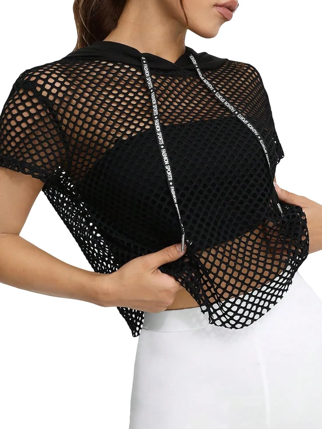 Verdusa Women's Sheer Fishnet Hoodie Short Sleeve Hooded Crop Tops Sweatshirts