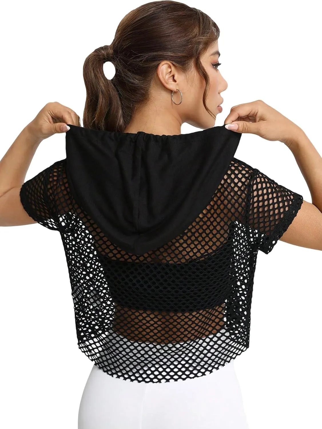 Verdusa Women's Sheer Fishnet Hoodie Short Sleeve Hooded Crop Tops Sweatshirts