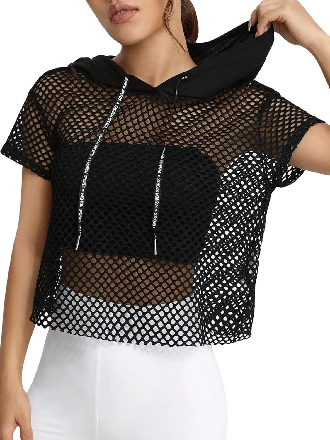 Verdusa Women's Sheer Fishnet Hoodie Short Sleeve Hooded Crop Tops Sweatshirts