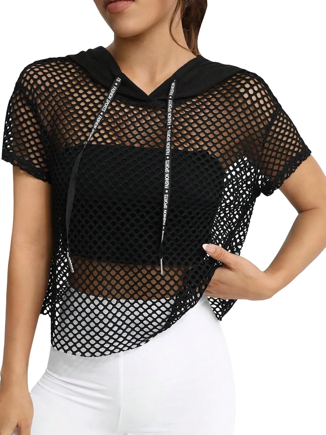 Verdusa Women's Sheer Fishnet Hoodie Short Sleeve Hooded Crop Tops Sweatshirts