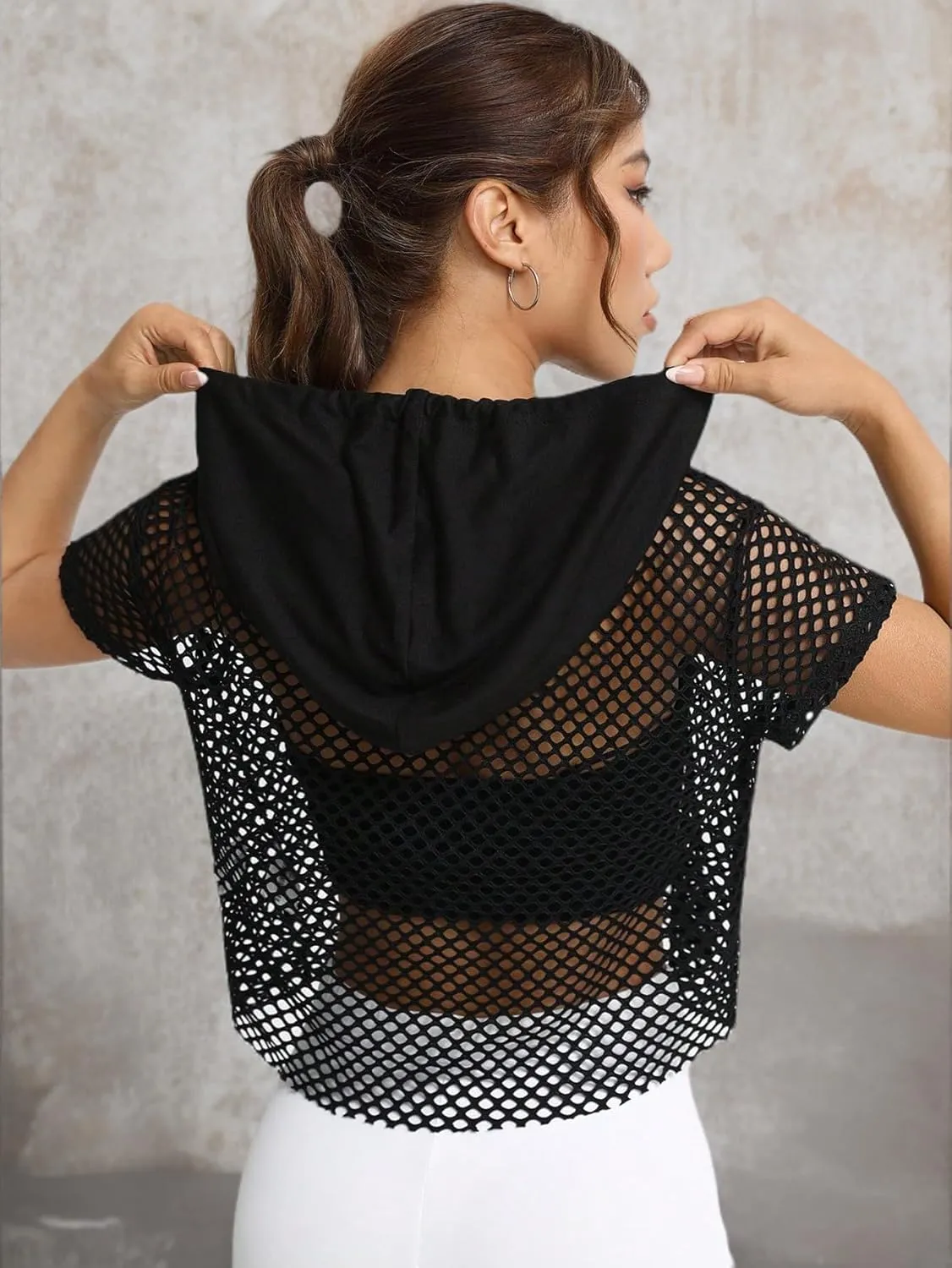 Verdusa Women's Sheer Fishnet Hoodie Short Sleeve Hooded Crop Tops Sweatshirts