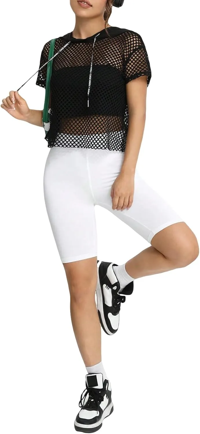 Verdusa Women's Sheer Fishnet Hoodie Short Sleeve Hooded Crop Tops Sweatshirts
