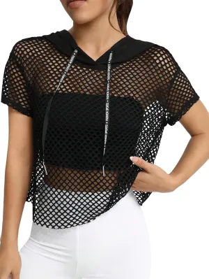 Verdusa Women's Sheer Fishnet Hoodie Short Sleeve Hooded Crop Tops Sweatshirts