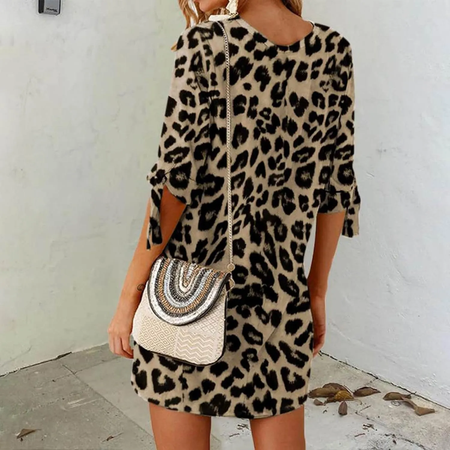 Wankang Womens 2023 Summer Round Neck Short Dress Casual Loose Leopard Print Swing Flowy Shift Dress H Line Mini Dresses