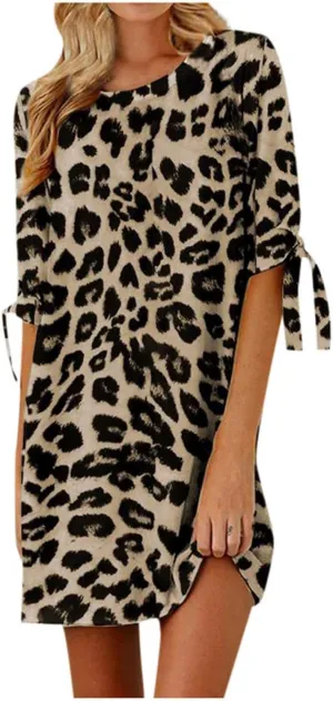 Wankang Womens 2023 Summer Round Neck Short Dress Casual Loose Leopard Print Swing Flowy Shift Dress H Line Mini Dresses