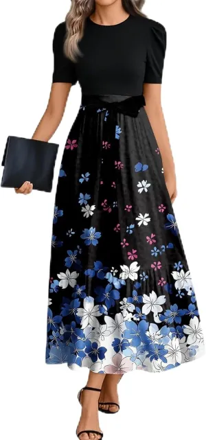Wedding Guest Dresses for Women Summer Maxi Puff Sleeve Tie Waist Belted A Line Swing Dress Patchwork Frocks