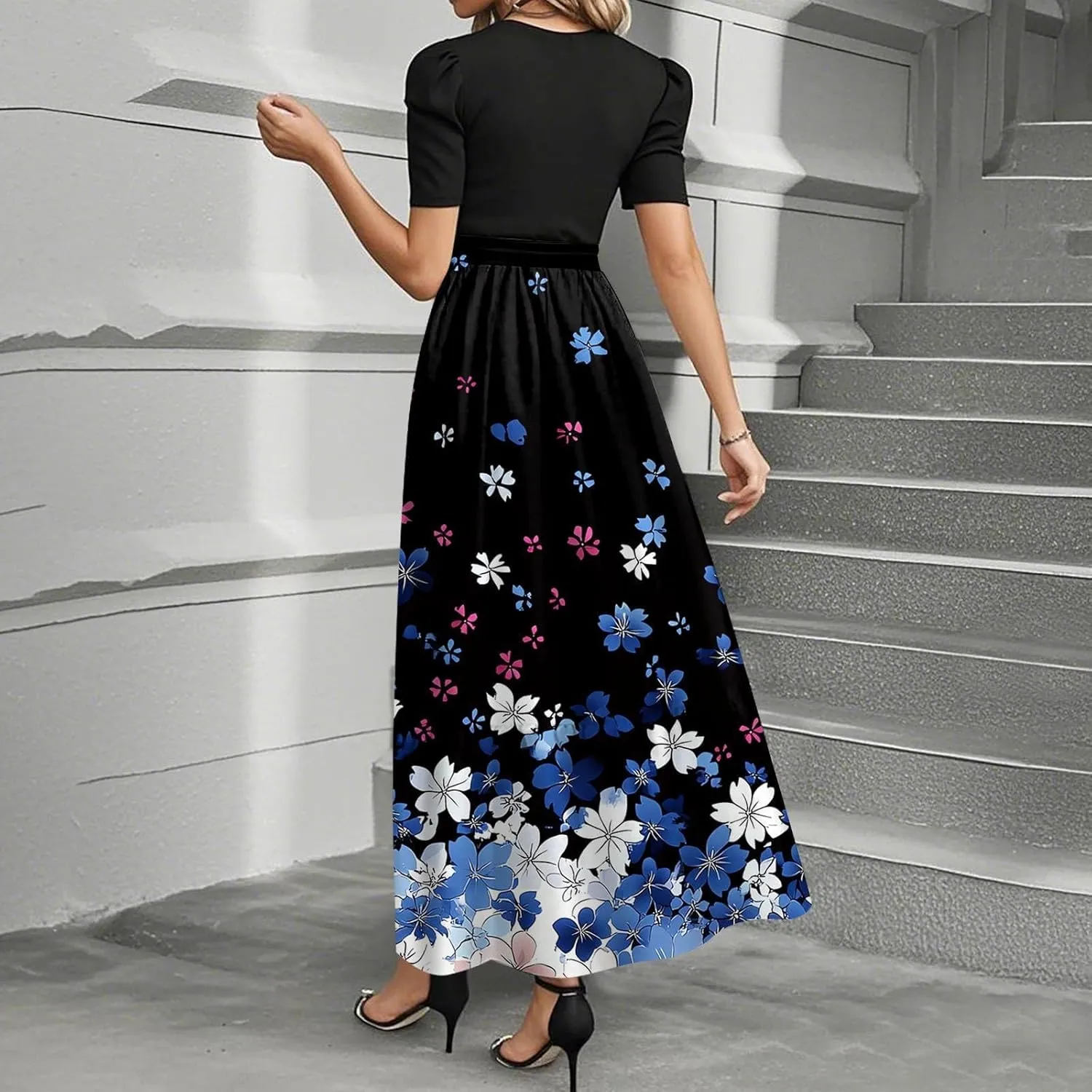 Wedding Guest Dresses for Women Summer Maxi Puff Sleeve Tie Waist Belted A Line Swing Dress Patchwork Frocks