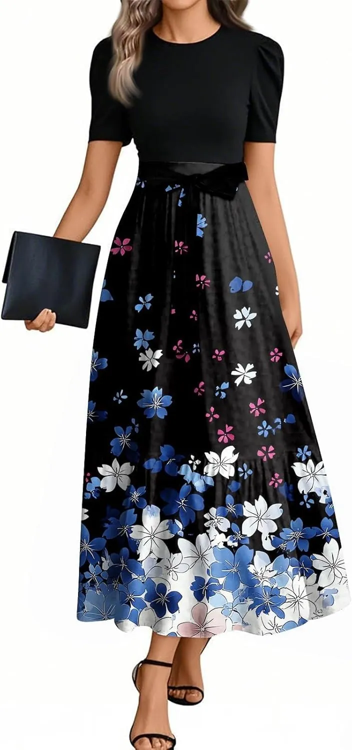 Wedding Guest Dresses for Women Summer Maxi Puff Sleeve Tie Waist Belted A Line Swing Dress Patchwork Frocks