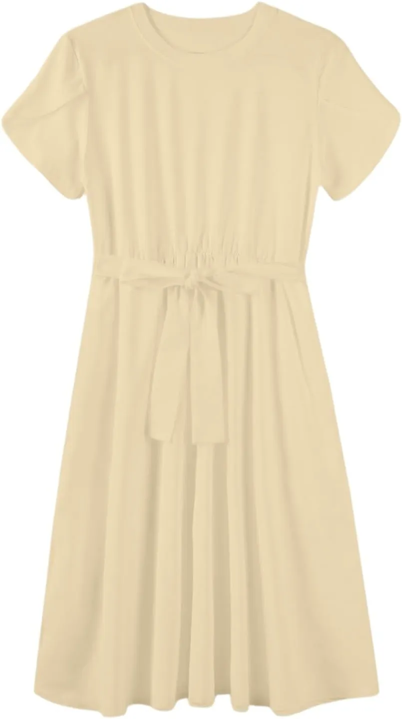 Wedding Guest Dresses for Women Summer Ruffle Short Sleeve Midi Dress Round Neck Basic A Line Flowy Dress with Belt