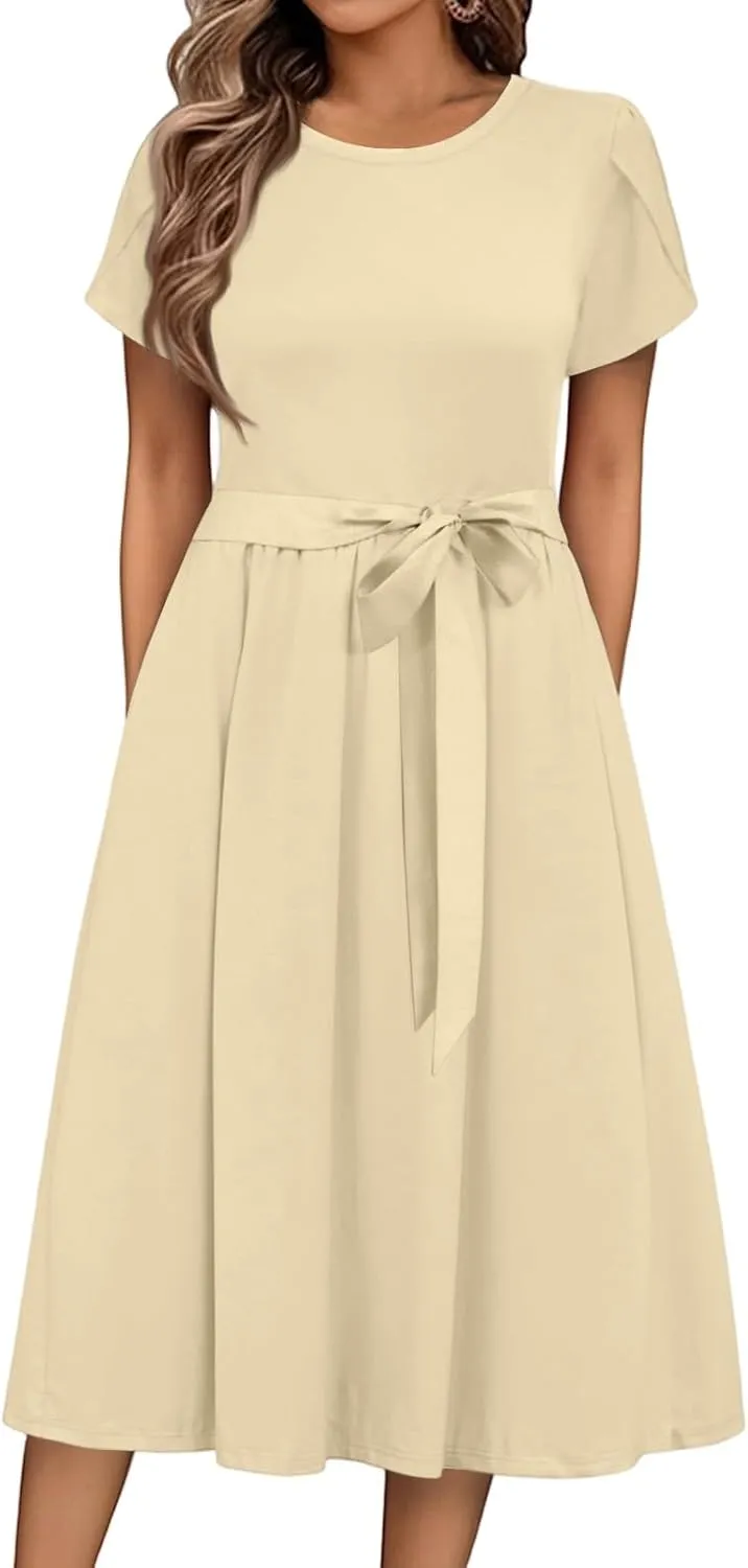 Wedding Guest Dresses for Women Summer Ruffle Short Sleeve Midi Dress Round Neck Basic A Line Flowy Dress with Belt