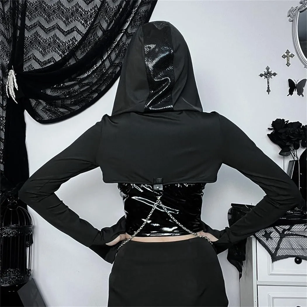 win2win Goth Crop Top Hoodies For Women Punk Gothic Sweatshirt Hoodie Rave Festival Long Sleeve Emo Aesthetic Tops