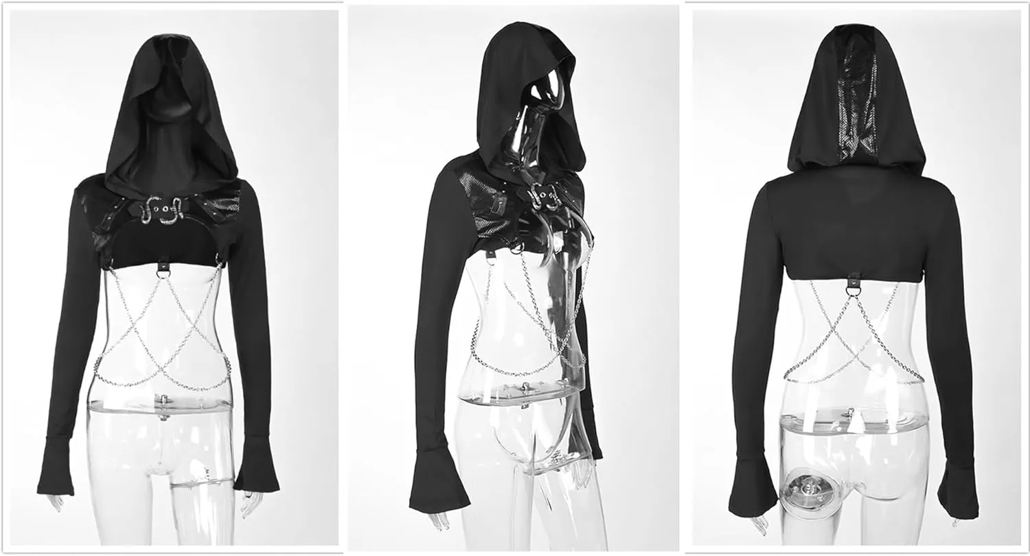 win2win Goth Crop Top Hoodies For Women Punk Gothic Sweatshirt Hoodie Rave Festival Long Sleeve Emo Aesthetic Tops