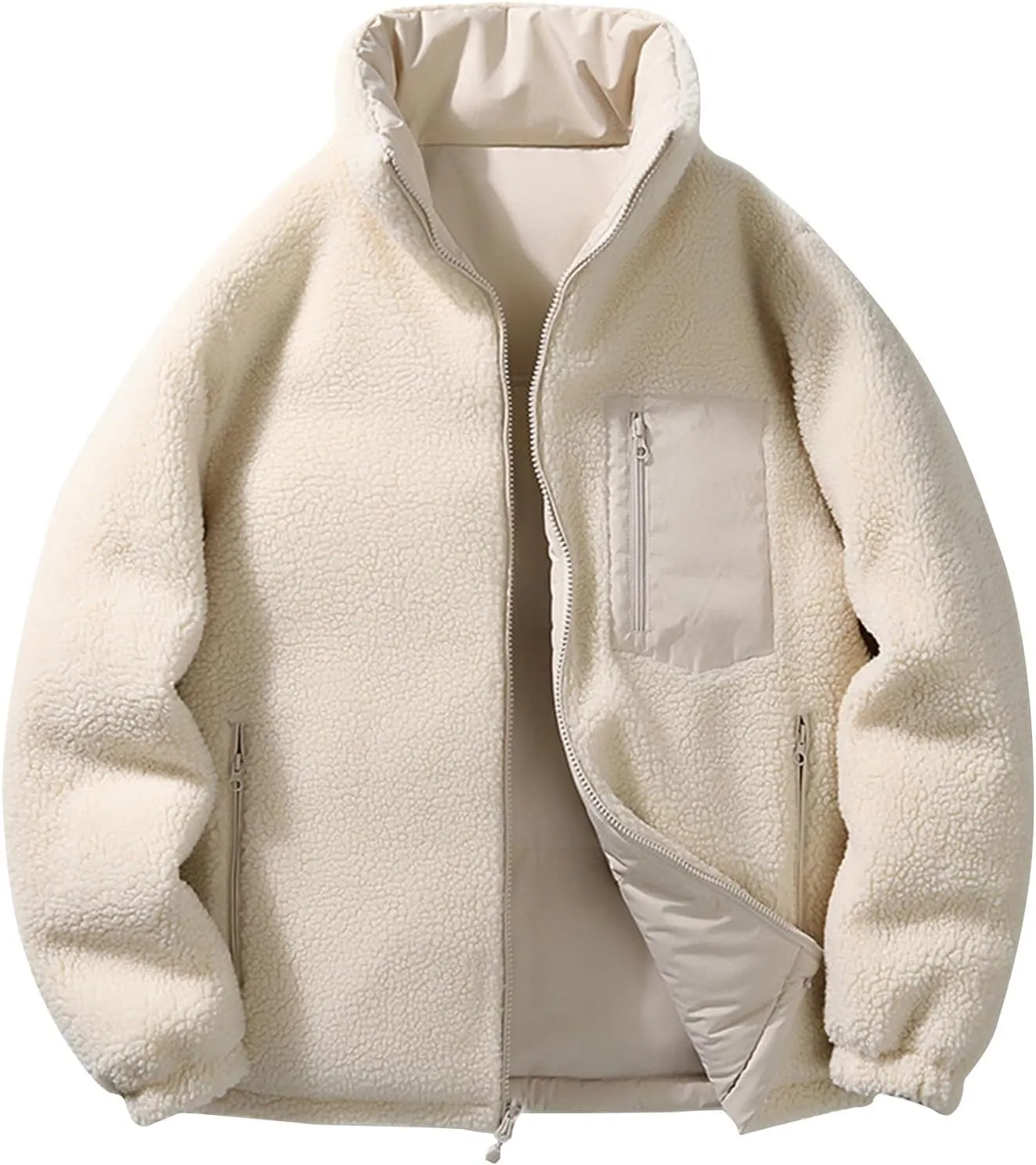 Winter Fleece Lined Coats for Men Casual Long Sleeve Color Block Jackets Fashion Zip Up Outerwear with Pockets