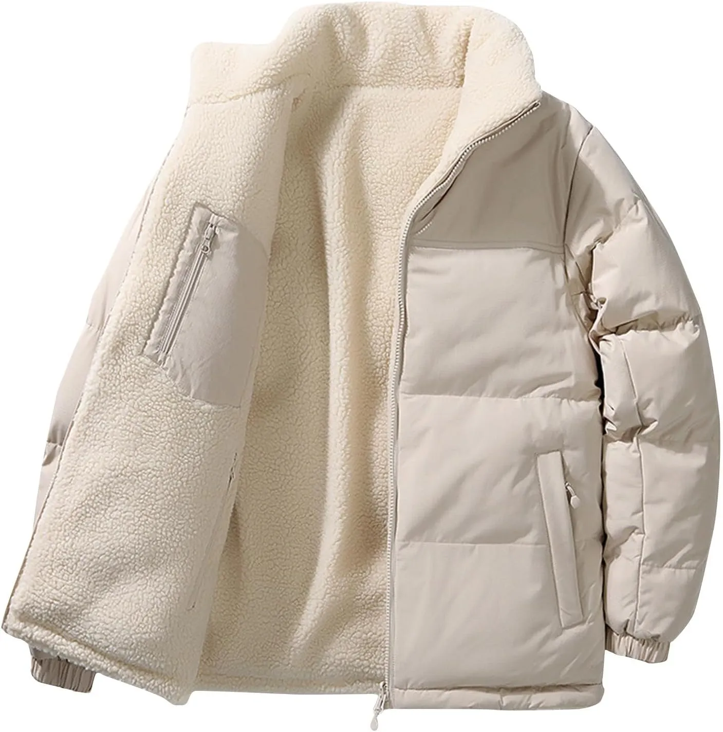 Winter Fleece Lined Coats for Men Casual Long Sleeve Color Block Jackets Fashion Zip Up Outerwear with Pockets