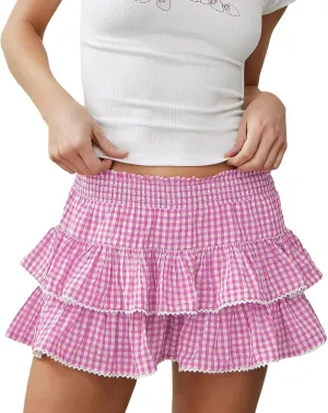 Women Blue Y2k Ruffle Gingham Mini Skirt Fairy Lace Plaid Checkered Dress Sexy Low Waist Halloween Pleated Skirt