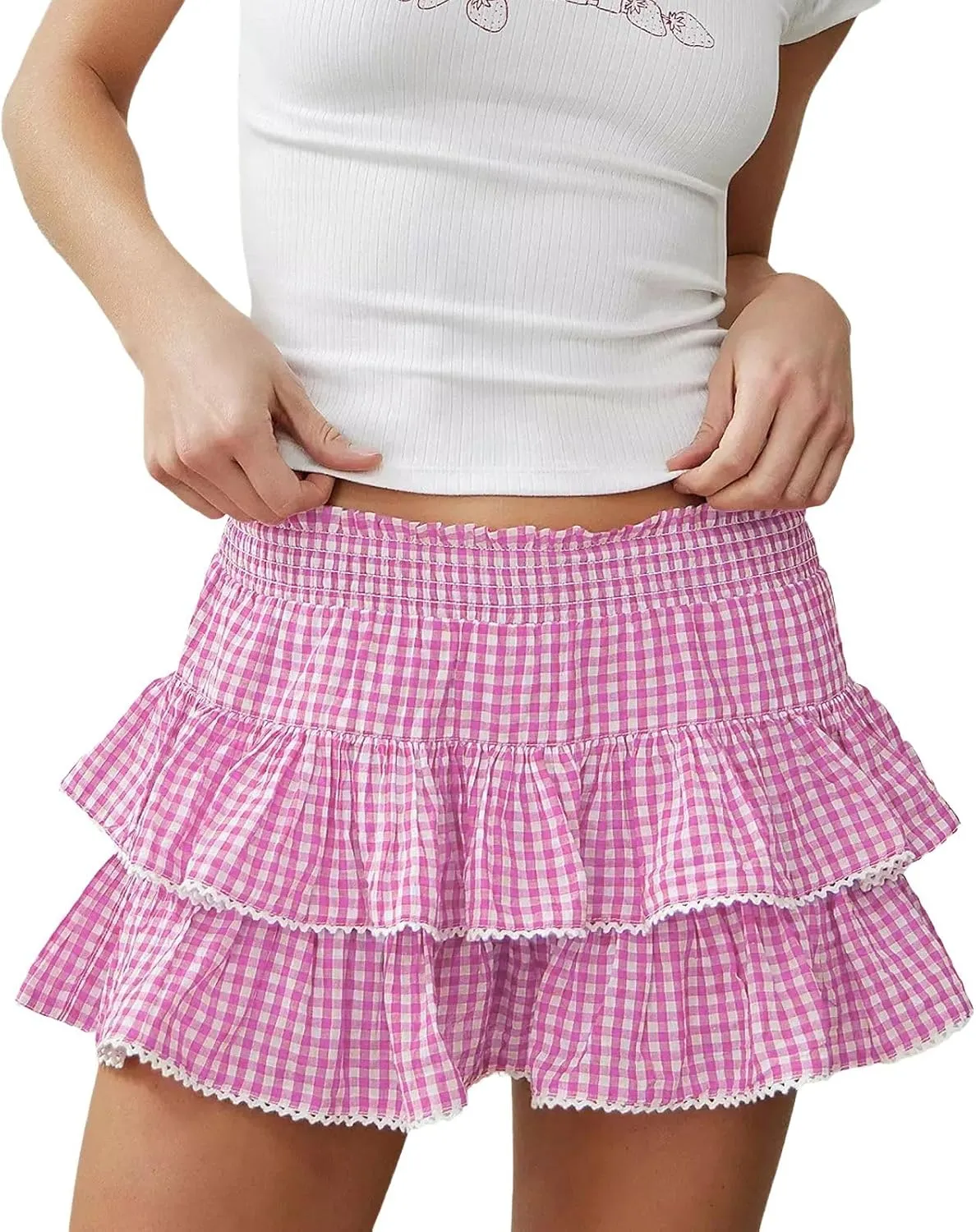 Women Blue Y2k Ruffle Gingham Mini Skirt Fairy Lace Plaid Checkered Dress Sexy Low Waist Halloween Pleated Skirt