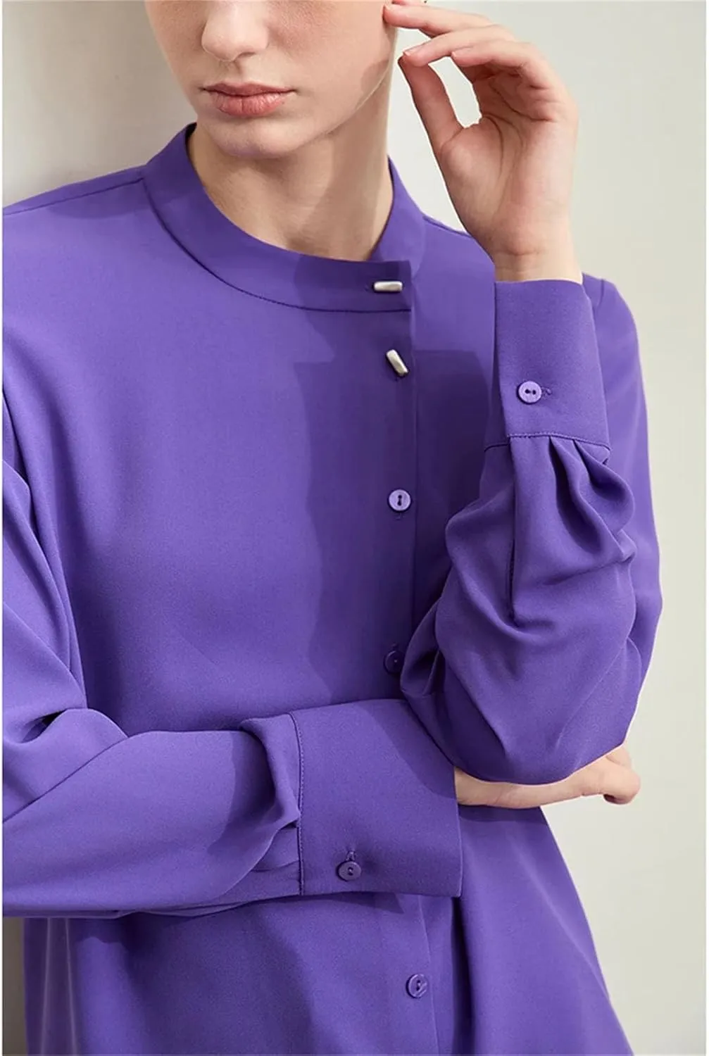 Women Chiffon Shirts Stand Collar Buckle Basic Loose Casual Shirts and Blouses