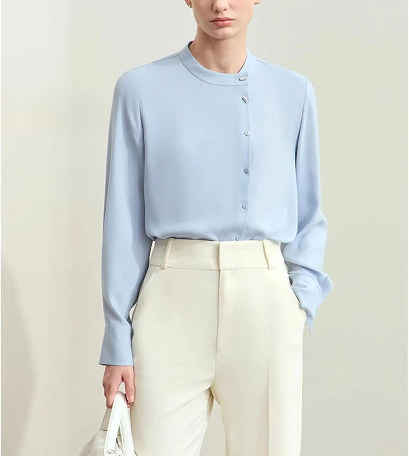 Women Chiffon Shirts Stand Collar Buckle Basic Loose Casual Shirts and Blouses