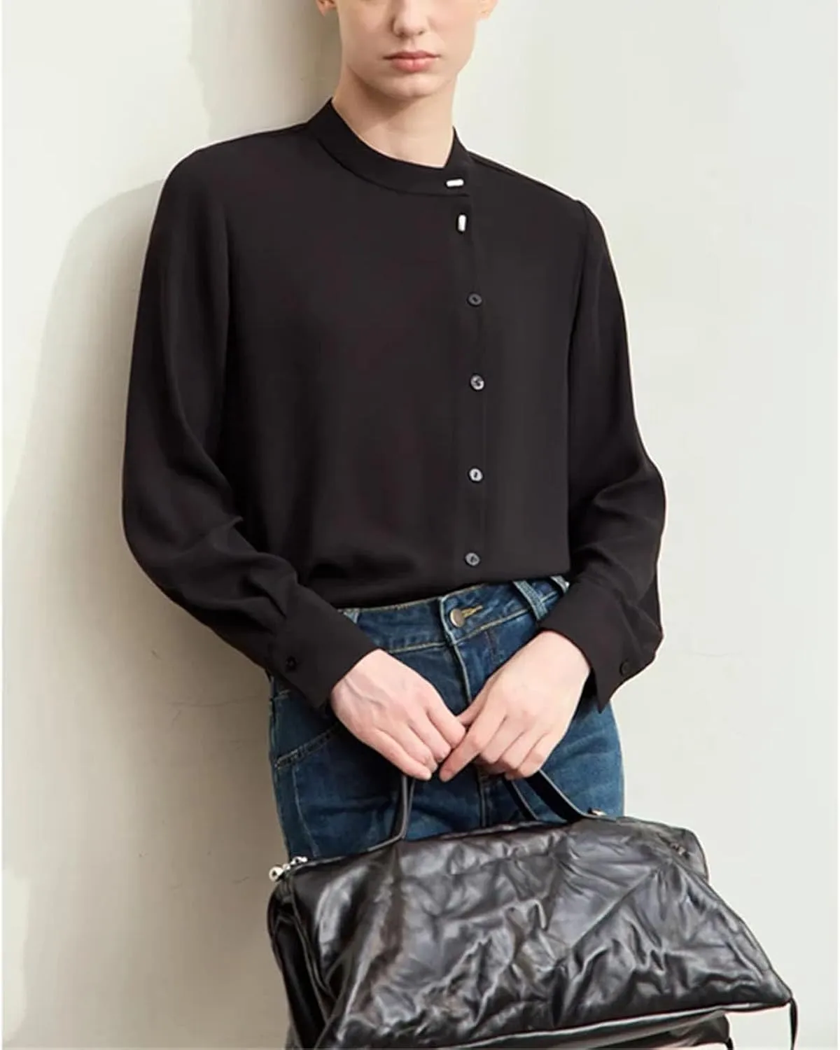 Women Chiffon Shirts Stand Collar Buckle Basic Loose Casual Shirts and Blouses