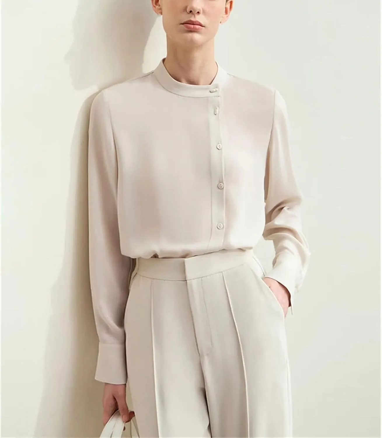 Women Chiffon Shirts Stand Collar Buckle Basic Loose Casual Shirts and Blouses