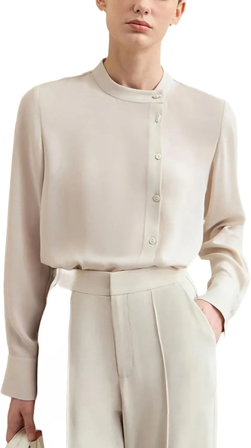 Women Chiffon Shirts Stand Collar Buckle Basic Loose Casual Shirts and Blouses