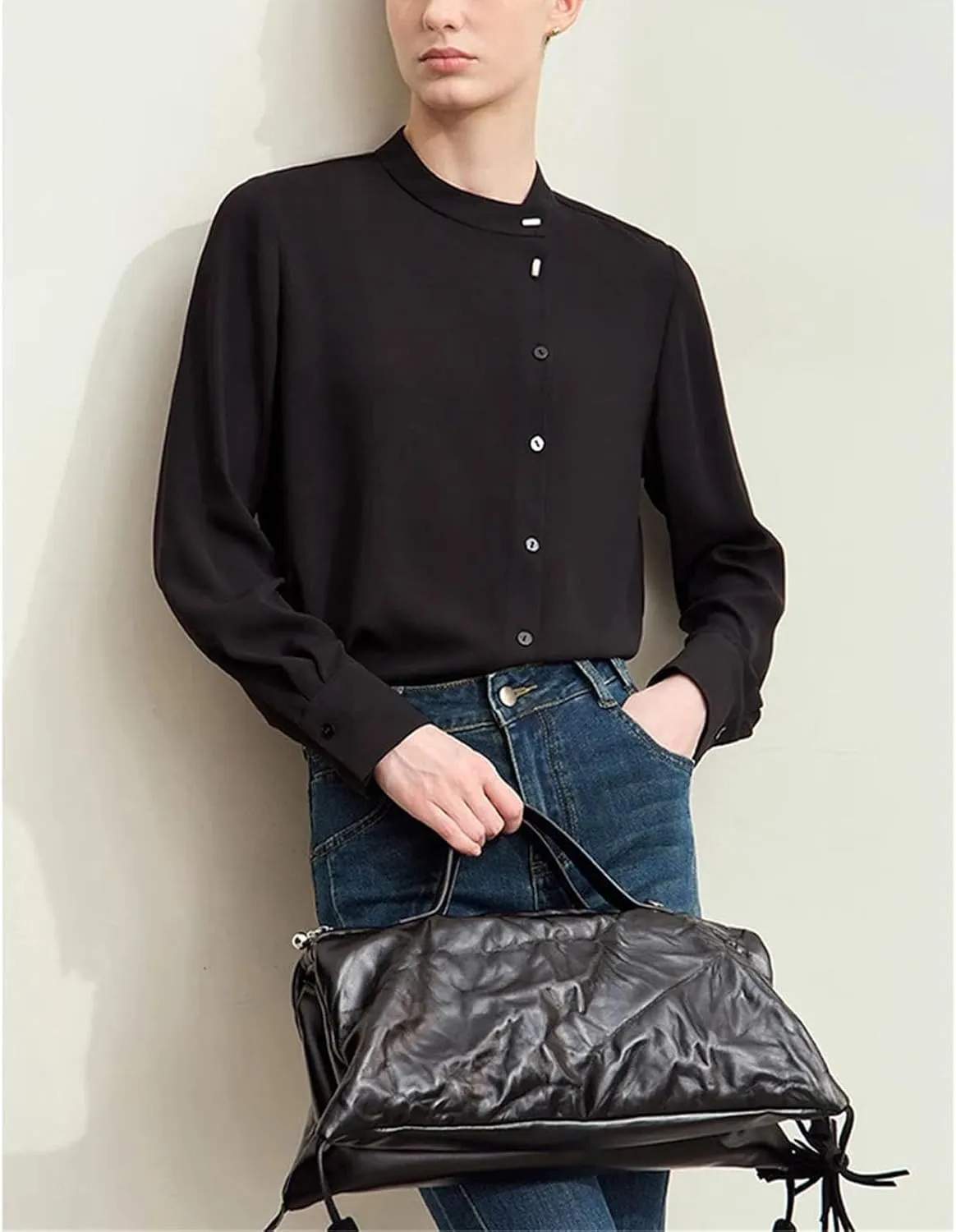 Women Chiffon Shirts Stand Collar Buckle Basic Loose Casual Shirts and Blouses