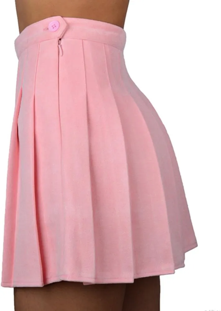 Women Faux Suede High-Waisted Pleated Mini Skirts with Soft Shorts Underneath