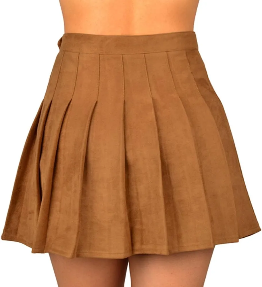 Women Faux Suede High-Waisted Pleated Mini Skirts with Soft Shorts Underneath