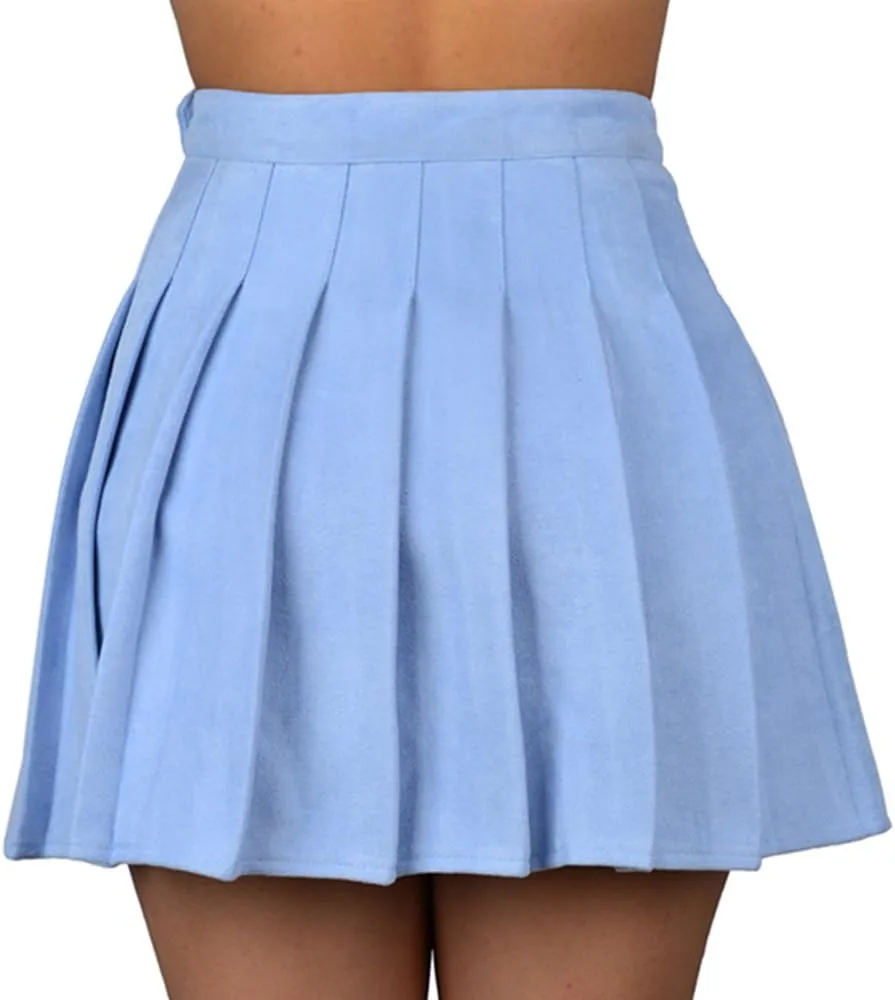 Women Faux Suede High-Waisted Pleated Mini Skirts with Soft Shorts Underneath