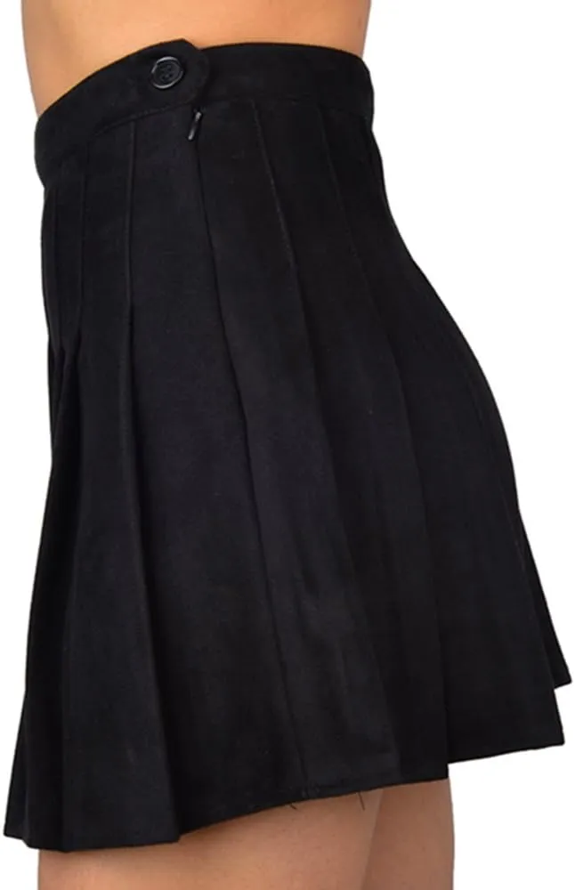 Women Faux Suede High-Waisted Pleated Mini Skirts with Soft Shorts Underneath