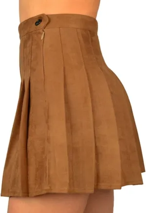 Women Faux Suede High-Waisted Pleated Mini Skirts with Soft Shorts Underneath