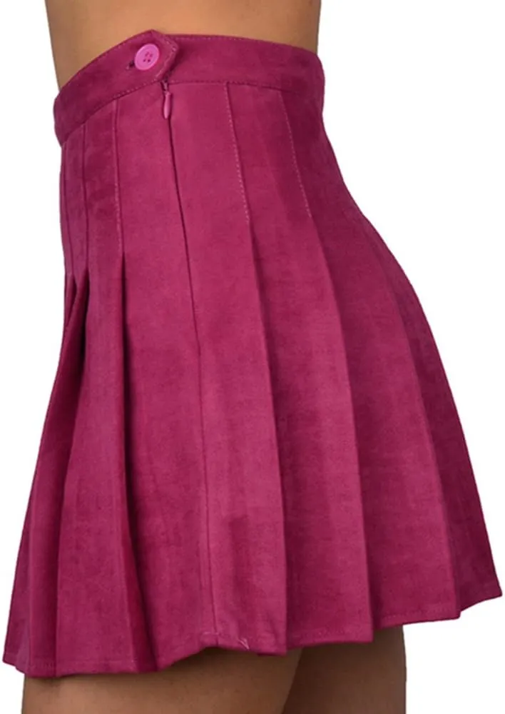 Women Faux Suede High-Waisted Pleated Mini Skirts with Soft Shorts Underneath