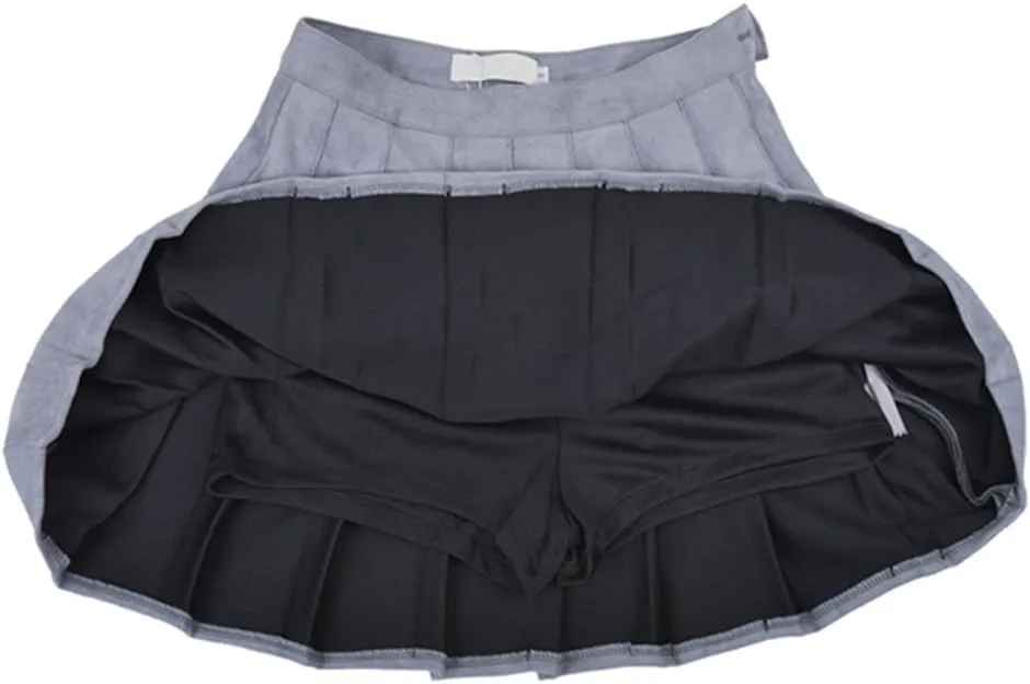 Women Faux Suede High-Waisted Pleated Mini Skirts with Soft Shorts Underneath