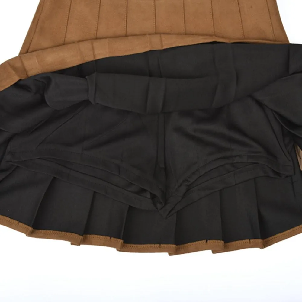 Women Faux Suede High-Waisted Pleated Mini Skirts with Soft Shorts Underneath