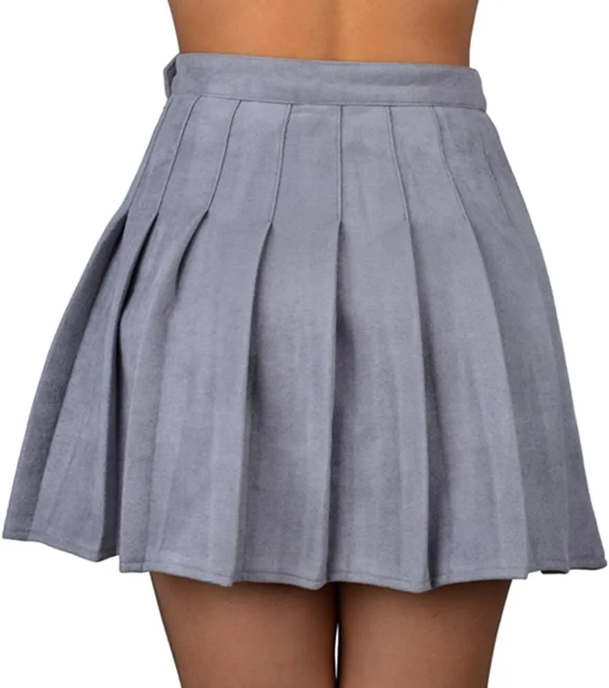 Women Faux Suede High-Waisted Pleated Mini Skirts with Soft Shorts Underneath