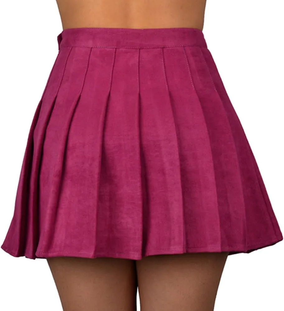 Women Faux Suede High-Waisted Pleated Mini Skirts with Soft Shorts Underneath