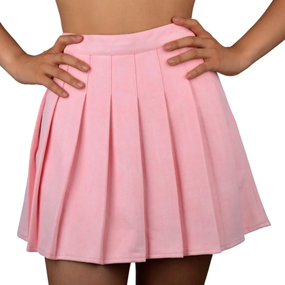 Women Faux Suede High-Waisted Pleated Mini Skirts with Soft Shorts Underneath