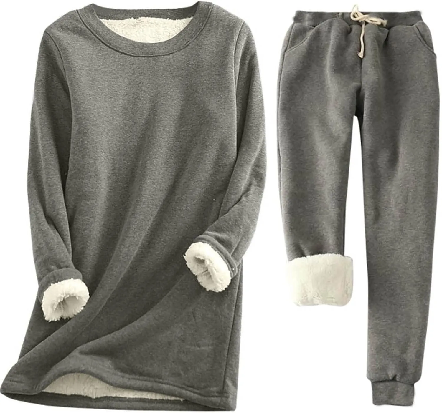 Women Fleece Lined Lounge Set Fall Winter 2 Piece Loungewear Soft Warm Fuzzy Pajamas Long Sleeve Tops with Pants Sets