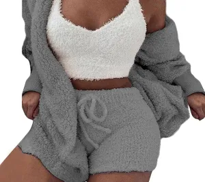 Women Fuzzy Pajama 3 Piece Lounge Sets Fleece Hooded Cardigan with Tank Crop Top and Shorts