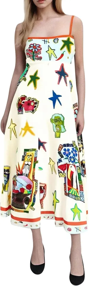 Women Graffiti Printed Maxi Cami Dress Square Neck Sleeveless Spaghetti Strap Boho Dress Swing Aline Sundress