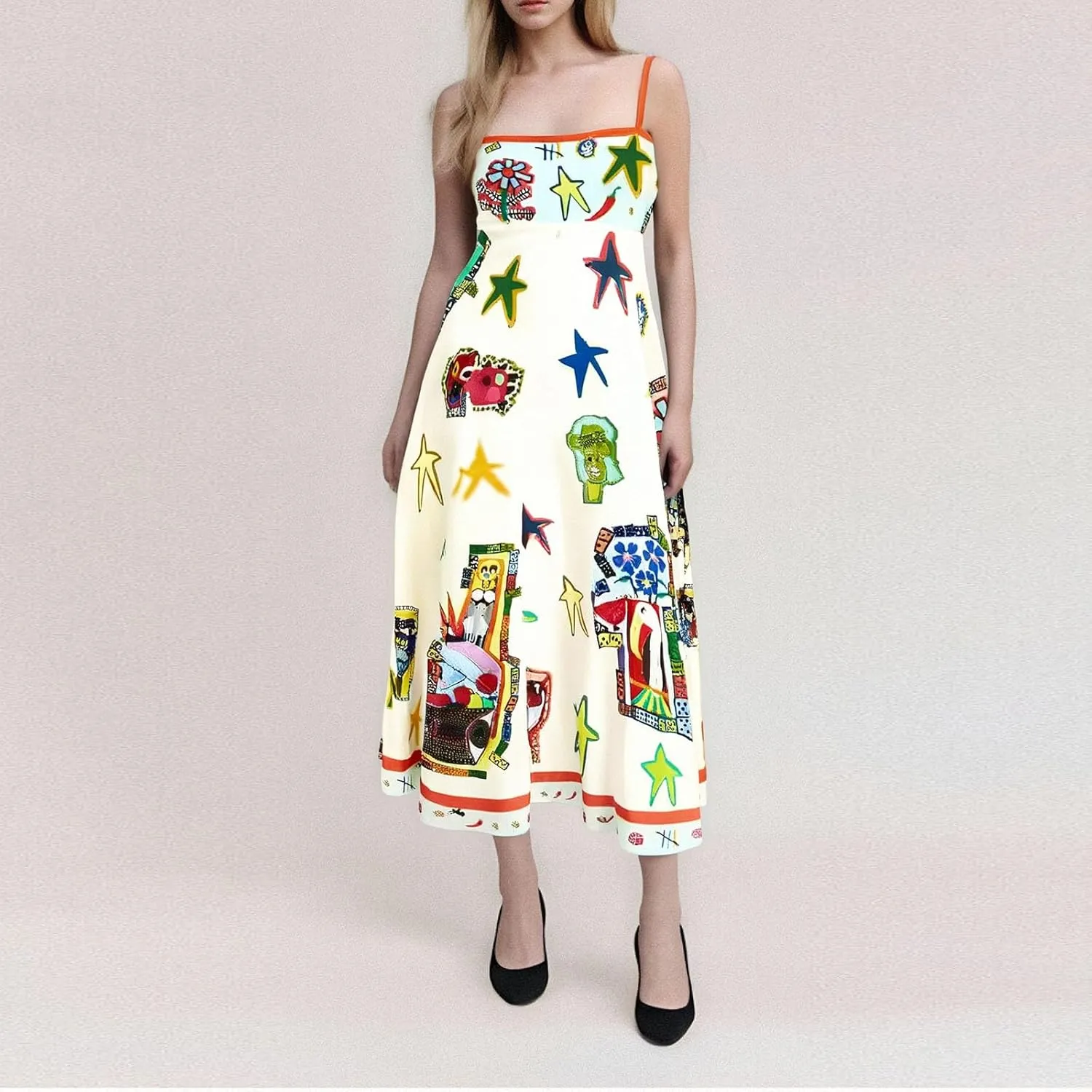 Women Graffiti Printed Maxi Cami Dress Square Neck Sleeveless Spaghetti Strap Boho Dress Swing Aline Sundress