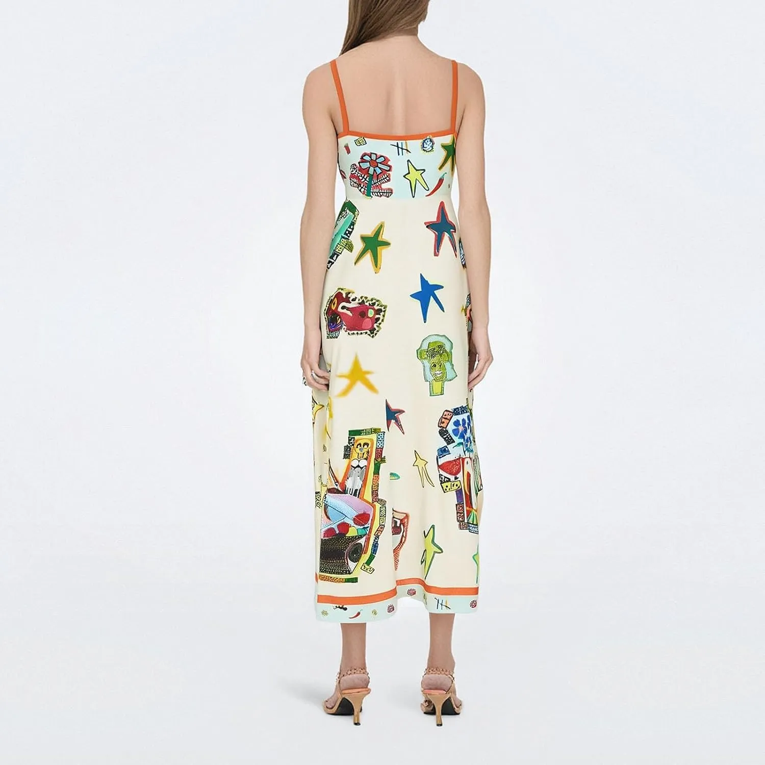 Women Graffiti Printed Maxi Cami Dress Square Neck Sleeveless Spaghetti Strap Boho Dress Swing Aline Sundress